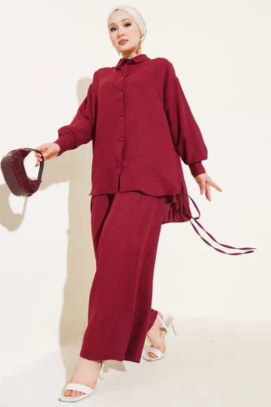 Yanları İp Detaylı İkili Takım Bordo ürün görseli 1