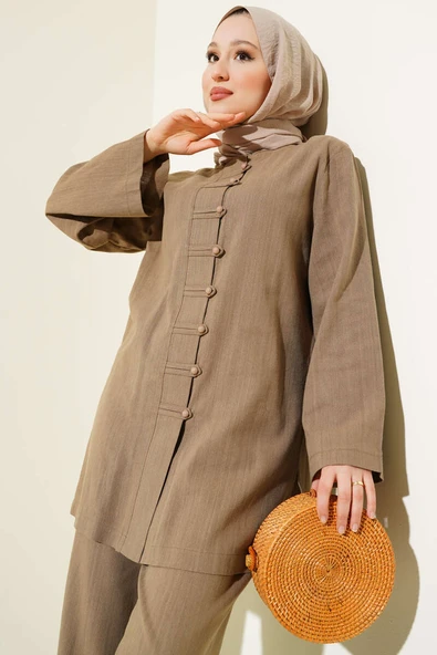 Brit Düğmeli Keten Tunik İkili Takım Vizon - Resim 2