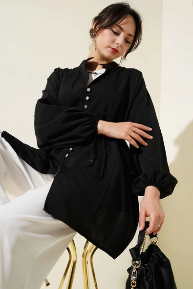 Taşlı Brit Düğmeli Terikoton Gömlek Siyah ürün görseli 1