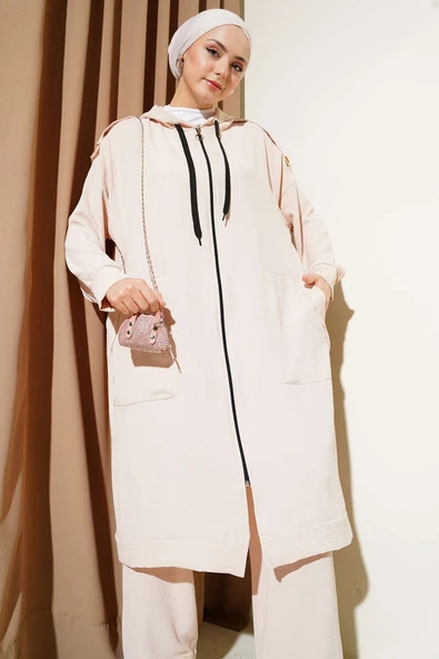 Omuz Apoletli Uzun Hırkalı Ayrobin İkili Takım Bej - Resim 2