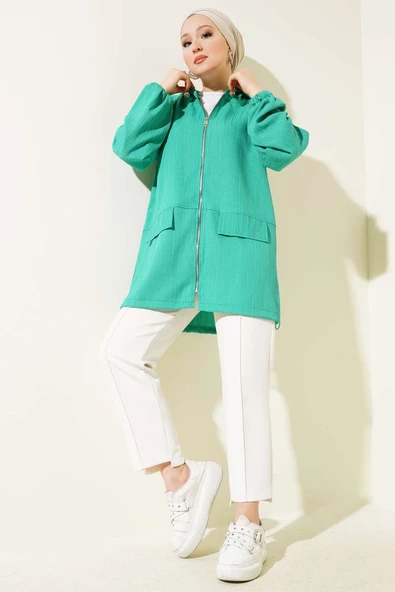 Kapüşonlu Fermuarlı Ağaç Kabuğu Kap Yeşil - Resim 2