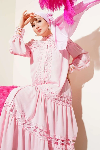 Güpürlü Boydan Düğmeli Elbise Pembe ürün görseli 1