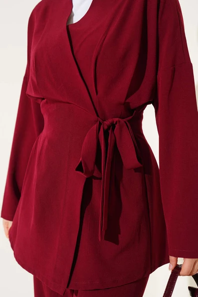 Bel Pensli Yandan Bağlamalı İkili Takım Bordo - Resim 4