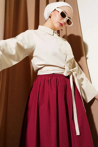 Belden Bağlamalı Kısa Gömlek Bej ürün görseli 1