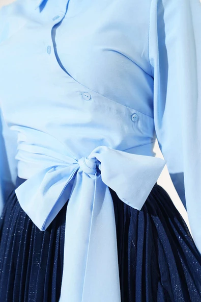 Belden Bağlama Detaylı Kısa Gömlek Bebe Mavi - Resim 4