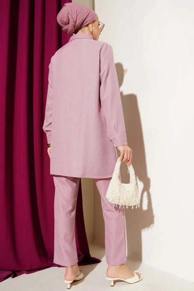 Top Düğmeli Keten İkili Takım Pudra - Resim 3