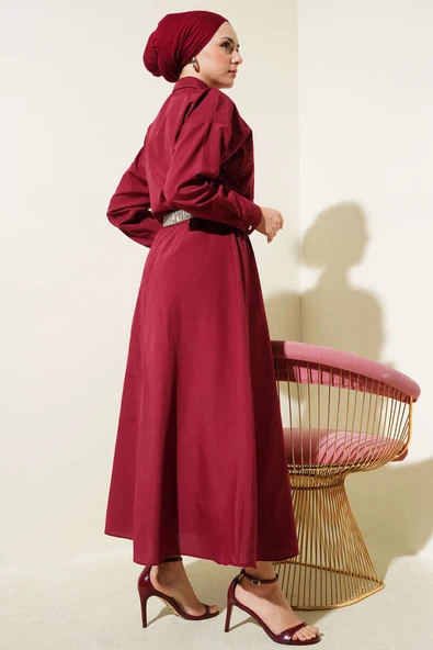 Taşlı Pelerinli Etekli İkili Takım Bordo - Resim 3