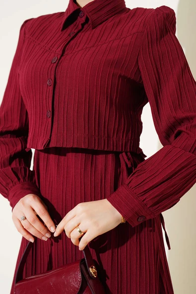 Bel Tünelli Kabartma Çizgili Jile İkili Takım Bordo - Resim 4