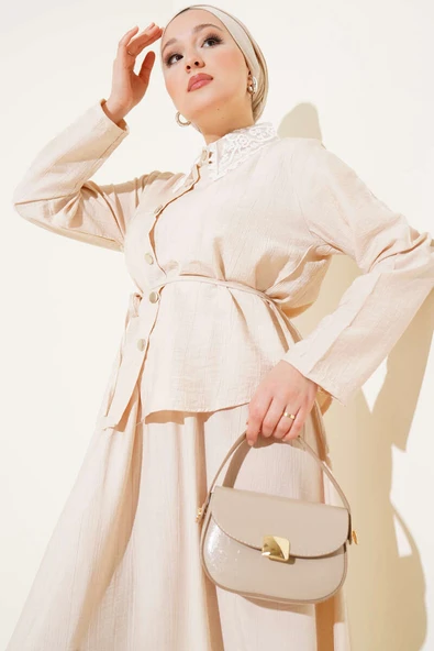 Dantel Yaka Etekli İkili Takım Bej - Resim 2