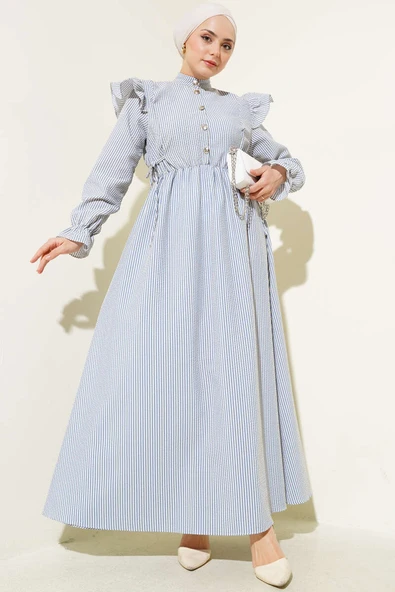 Omuz Fırfırlı Bel Lastikli Gofre Elbise Mavi ürün görseli 1