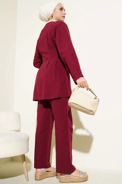 Pensli Bağlamalı Keten İkili Takım Bordo - Resim 3