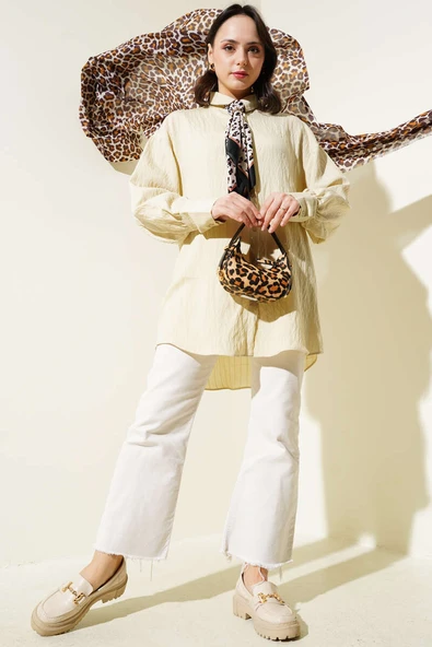 Kırışık Çizgili Basic Gömlek Bej - Resim 2