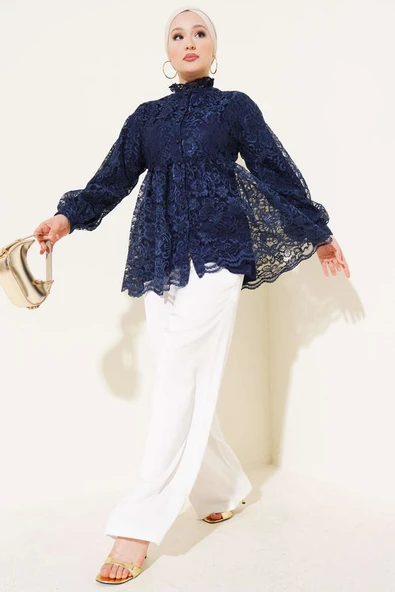 Brodeli Önü Düğmeli Gömlek Lacivert - Resim 2