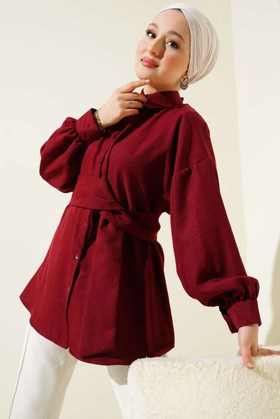 Kendinden Geniş Kuşaklı Gömlek Bordo ürün görseli 1