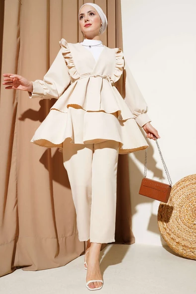 Fırfırlı İp Kuşaklı Tunik İkili Takım Taş - Resim 2