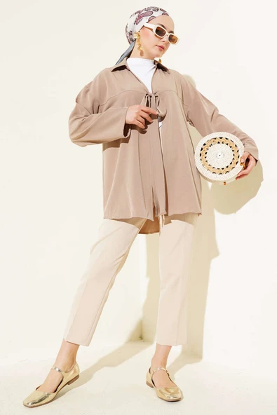 Klasik Yaka Bağlamalı Kimono Vizon - Resim 2