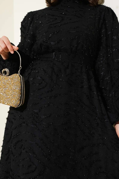 Sim Sakallı Balon Kol Kuşaklı Elbise Siyah - Resim 4