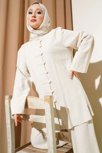 Brit Düğmeli Keten Tunik İkili Takım Bej - Resim 2