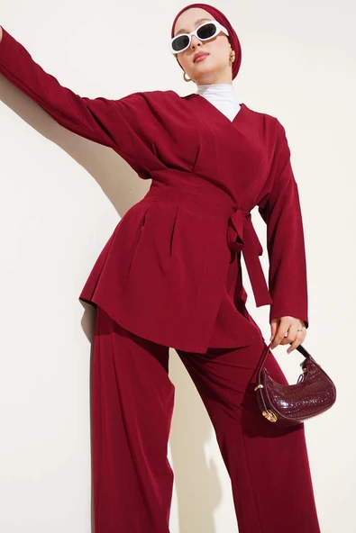 Bel Pensli Yandan Bağlamalı İkili Takım Bordo - Resim 2