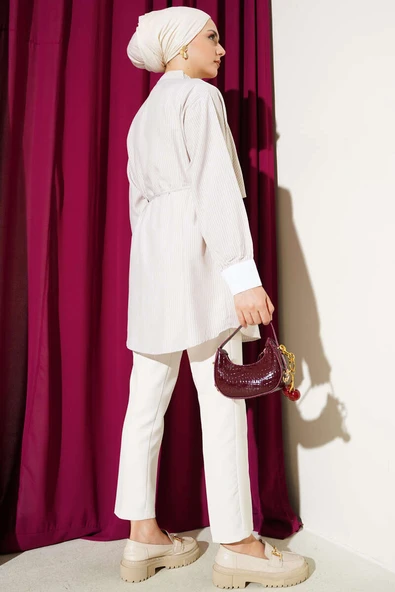 Çizgili Pelerinli Gömlek Bej - Resim 3