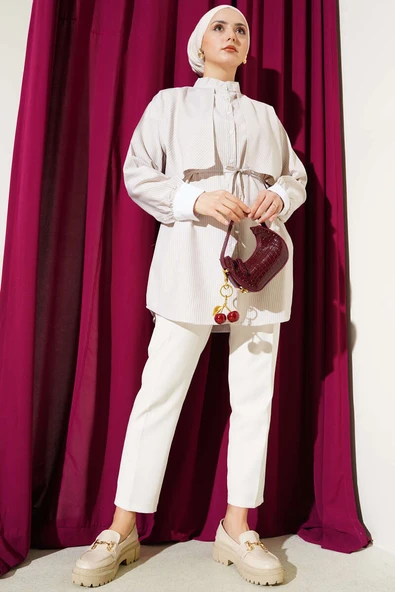 Çizgili Pelerinli Gömlek Bej - Resim 2