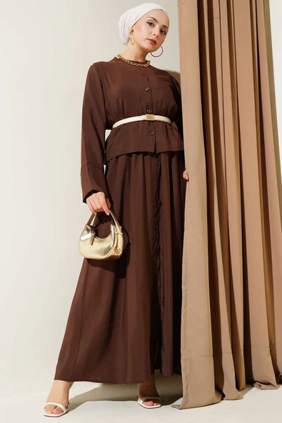 Düğmeli Kuşaklı Jile İkili Takım Kahve ürün görseli 1