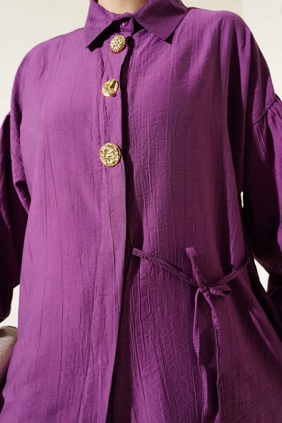 Gold Düğmeli İp Detaylı İkili Takım Magenta - Resim 4