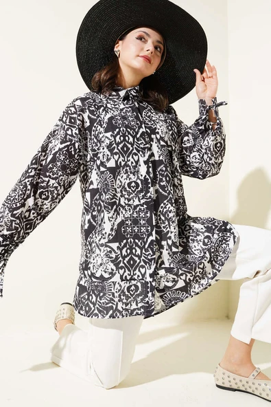 Desenli Bilek Bağcıklı Gömlek Siyah ürün görseli 1
