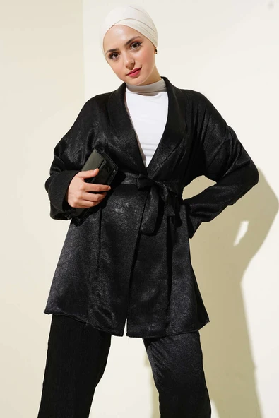 Kuşaklı Kırışık Saten İkili Takım Siyah - Resim 2