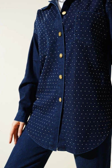 Önü Taşlı Gold Düğmeli Kot İkili Takım Lacivert - Resim 4