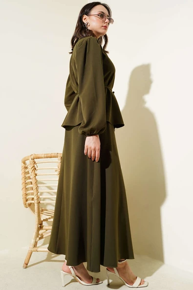 İp Kuşaklı Düğmeli Etekli İkili Takım Haki - Resim 3