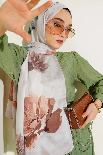 Retro Çiçek Desenli Şal Bej ürün görseli 1