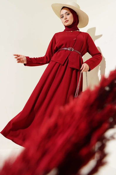 Düğmeli Kemerli Etekli Krep Takım Bordo ürün görseli 1