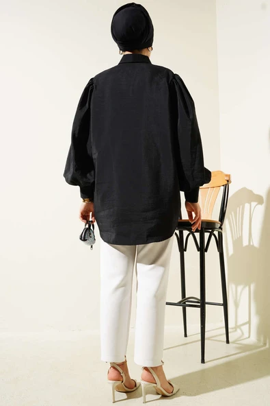 Kırışık Doku Balon Kol Gömlek Siyah - Resim 3