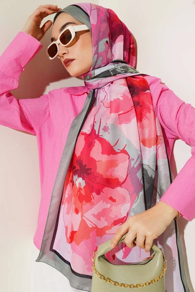 Ebruli Çiçek Desen Soft Şal Çağla Yeşili ürün görseli 1