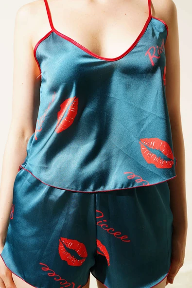 Dudaklı Askılı Saten Pijama Takım Zümrüt - Resim 4