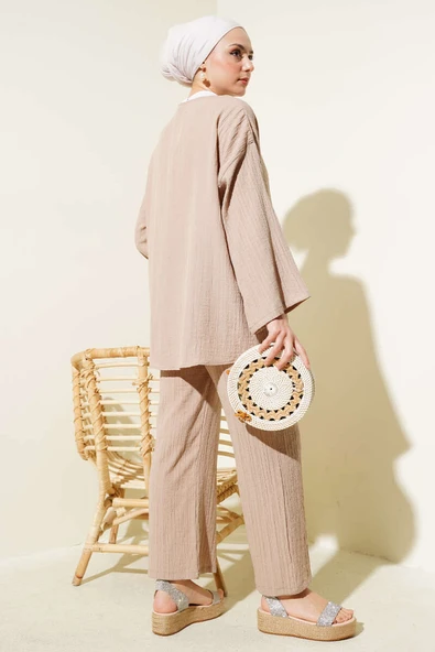 Önü İp Bağcıklı Krinkıl İkili Takım Latte - Resim 3