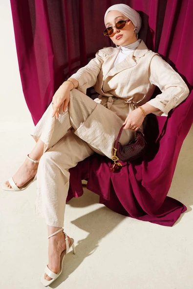 Bel Tünelli Kruvaze Yaka İkili Takım Bej ürün görseli 1