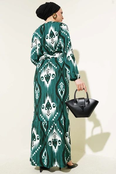 Desenli Kuşaklı Volanlı Elbise Zümrüt - Resim 3