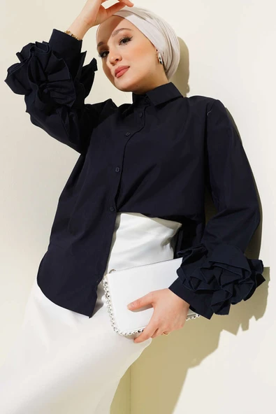 Bilek Fırfırlı Kısa Gömlek Lacivert ürün görseli 1