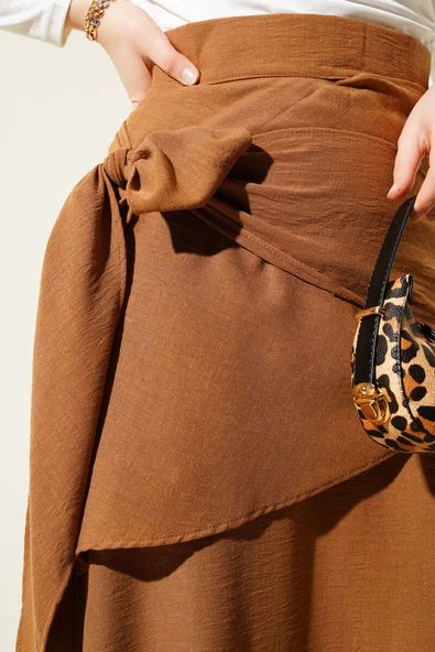 Yandan Bağlamalı Keten Etek  Latte - Resim 4