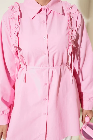 Omuz Fırfırlı İncili Gömlek Pembe - Resim 4