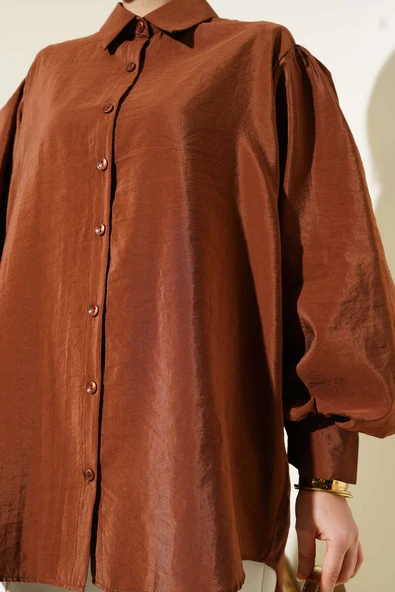 Kırışık Doku Balon Kol Gömlek Kahve - Resim 4