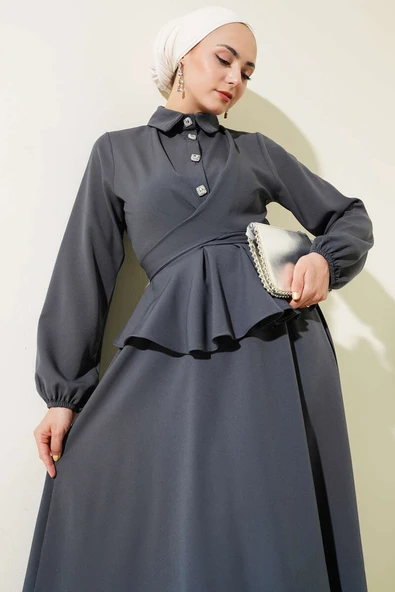 Taş Düğmeli Bağlamalı Etekli Takım Füme - Resim 2