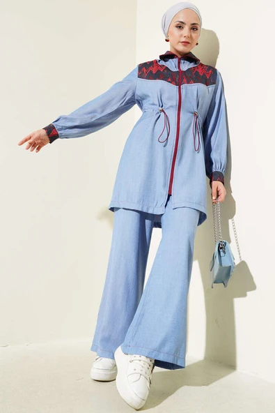 Bel Tünelli Nakış Garnili İkili Takım Mavi ürün görseli 1