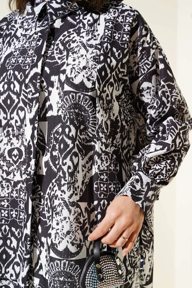 Desenli Bilek Bağcıklı Gömlek Siyah - Resim 4