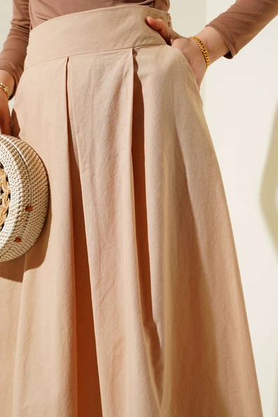 Geniş Pileli Cepli Etek Camel - 4