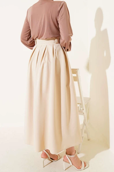 Pileli Kuşaklı Kloş Etek Bej - 3