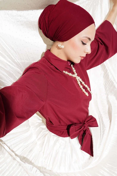 Düğmeli Yan Bağlamalı Kısa Gömlek Bordo ürün görseli 1