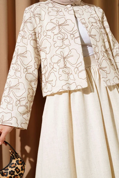 Desen Nakışlı Etekli Ceket İkili Takım Kahve - Resim 4